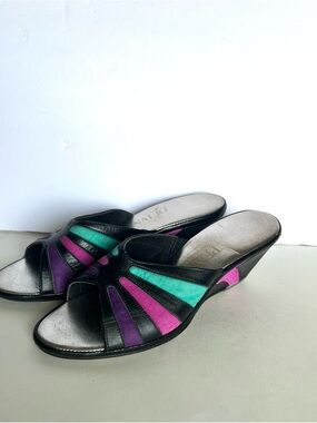 Penaljo Sz 8 Black Slip-On Wedge Sandals with Teal & Purple Accents Soft Leather